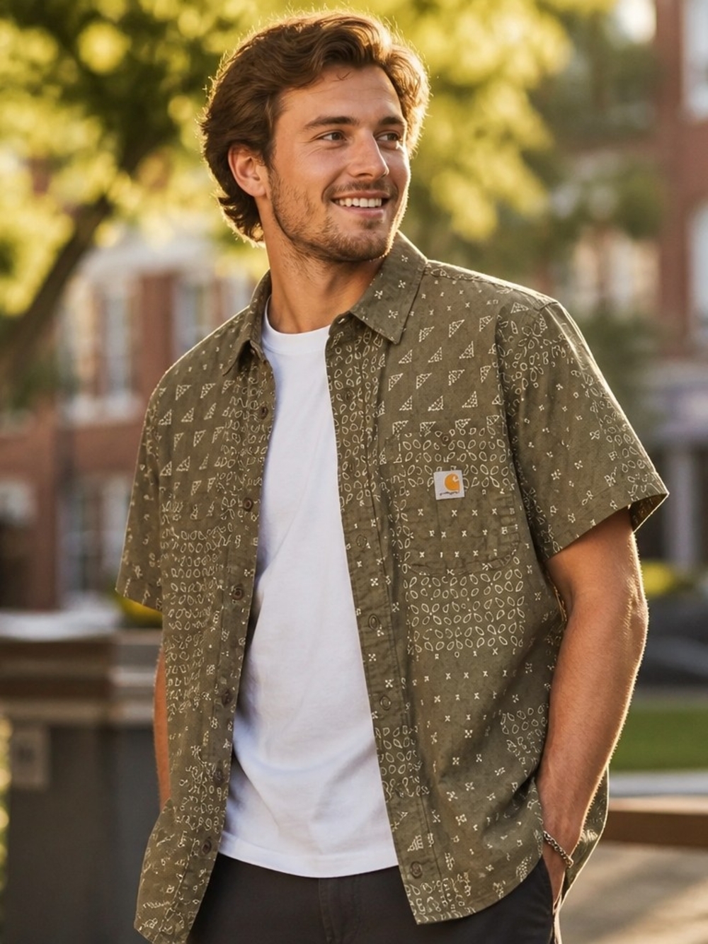 Carhartt Olive Patterned Short-Sleeve Button-Down Shirt